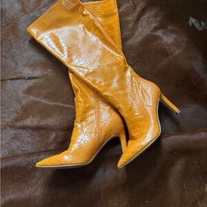 Nine West Croc-Embossed Orange Heeled Boots